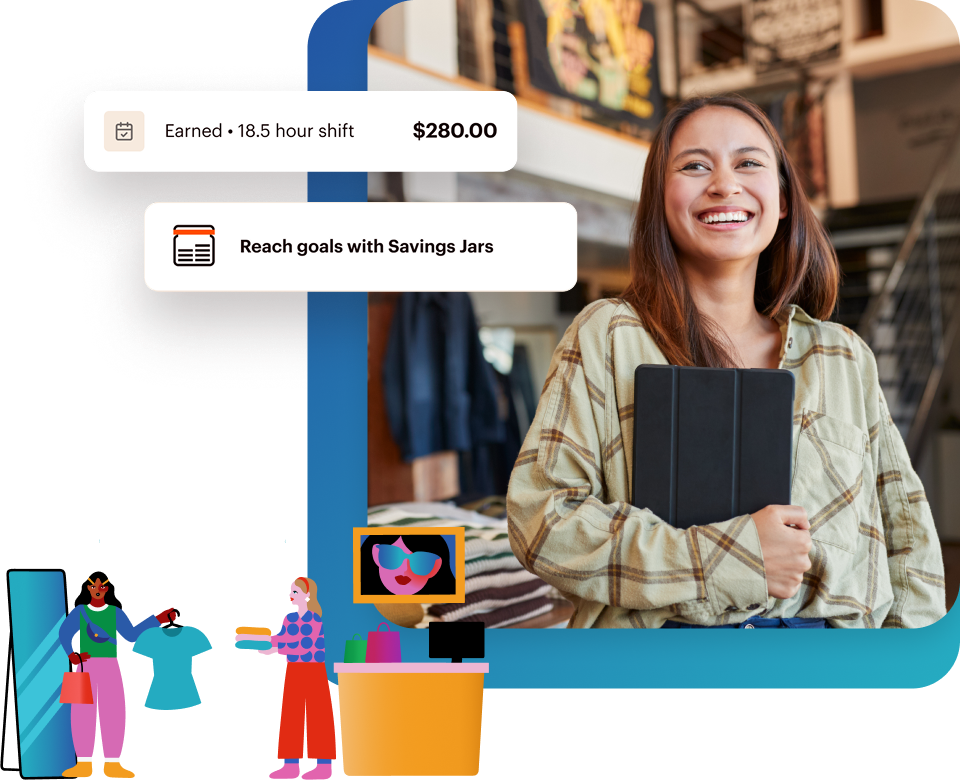 A smiling woman holding a tablet is overlaid by graphics showing an earned $280.00 for an 18.5-hour shift and a prompt to reach goals with Savings Jars.