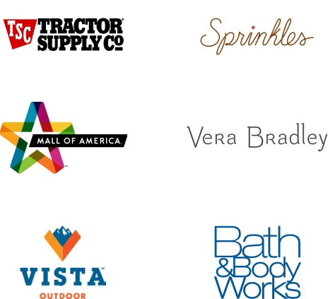 Logos of TSC, Sprinkles, Mall of America, Vera Bradley, Vista Outdoor, and Bath & Body Works are featured against a white background, reminiscent of the bustling visuals you'd expect in grocers or supermarkets with high turnover.