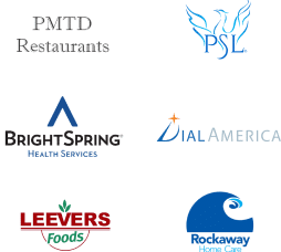 The image displays six company logos, highlighting companies recognized for their effective employee retention strategies. The top row includes PMTD Restaurants and a blue PSL logo featuring an abstract bird. The middle row shows the logos of BrightSpring Health Services and DialAmerica. The bottom row features Leever's Foods and a blue and white Total Comfort Home Care logo.