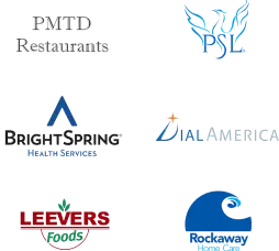 A collection of logos: PMTD Restaurants, PSL, BrightSpring Health Services, DialAmerica, Leevers Foods, and Total Pharmacy Home Care, each showcasing their unique identity and commitment to effective employee retention strategies.