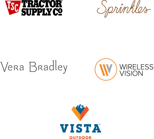 Image showing five company logos. Top left logo: "TSC Tractor Supply Co." in bold black text with a red rectangle. Top right logo: "Sprinkles" in elegant brown cursive. Middle left logo: "Vera Bradley" in light blue cursive. Middle right logo:"Wireless Vision" with an orange circle enclosing "W" and "V". Bottom logo: "Vista Outdoor