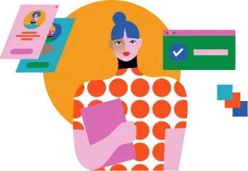 Illustration of a person with blue hair and a polka dot shirt holding a book, surrounded by floating web elements and documents.