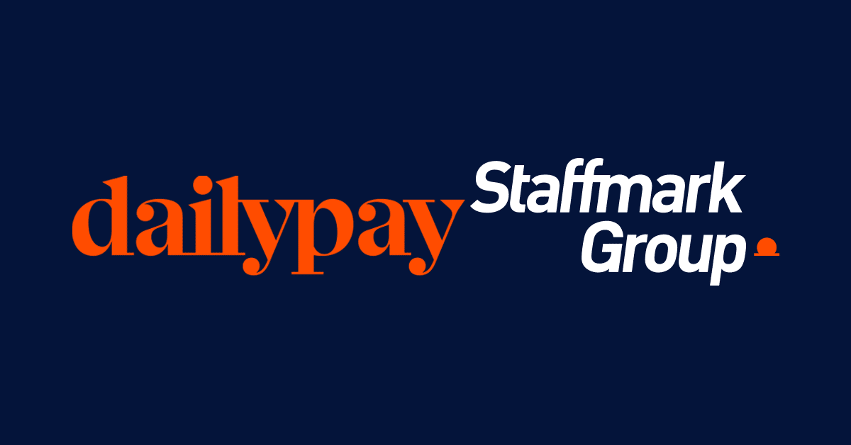 The image features the logos of DailyPay and Staffmark Group on a navy blue background. "dailypay" is written in lowercase, bold, orange text, while "Staffmark Group" is in uppercase, italicized, white text. Both logos are side by side.