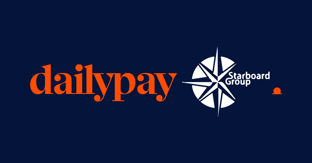 The image features the dailypay and Starboard Group logos on a dark blue background. "dailypay" is written in bold, orange, lowercase letters. The Starboard Group logo, a stylized compass star in white with "Starboard Group" text beside it, is placed to the right of dailypay.