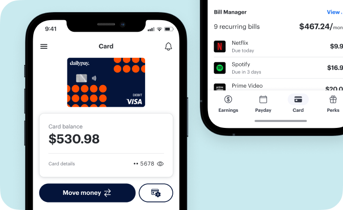 A smartphone displays a financial app showing a Visa debit card with a $530.98 balance and an account page listing subscription bills and their amounts.
