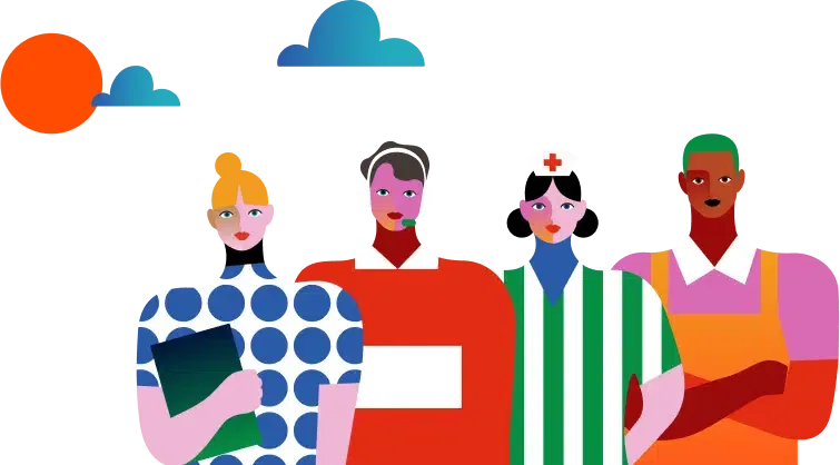 Illustration of four diverse professionals standing together: a woman holding a clipboard, a man with a headset, a nurse, and a person in a work apron. The background has a sun and stylized clouds.