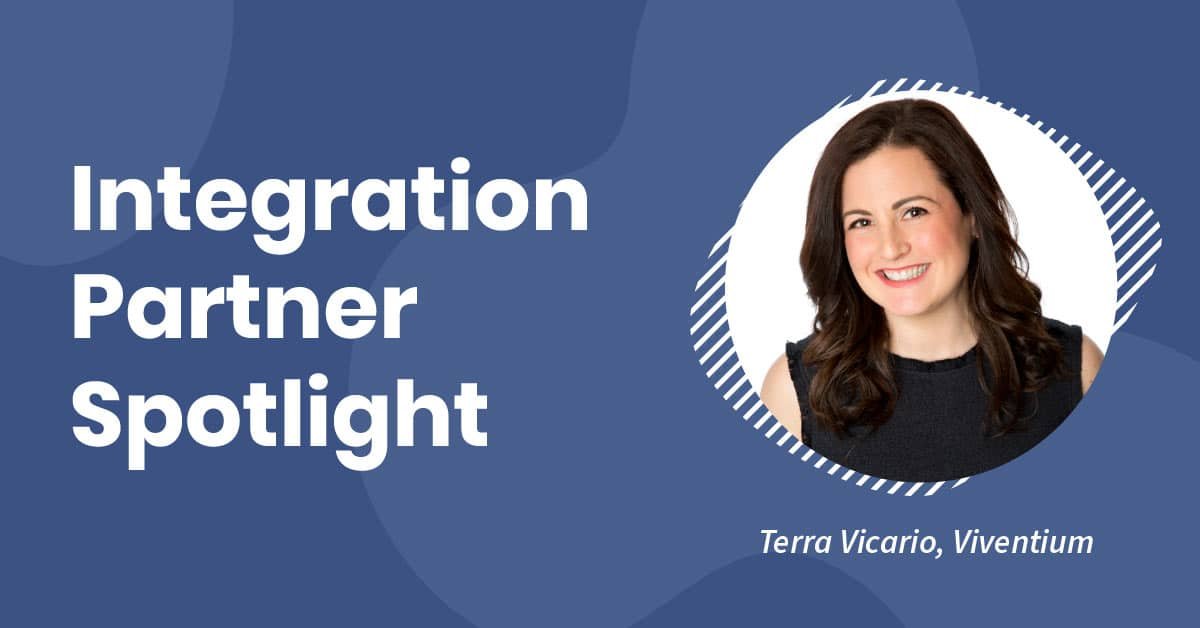 A blue graphic with the text "Integration Partner Spotlight" on the left side. On the right, there is a circular photo of a woman with brown hair, wearing a black top. Below the photo, the name "Terra Vicario" and "Viventium" are printed.