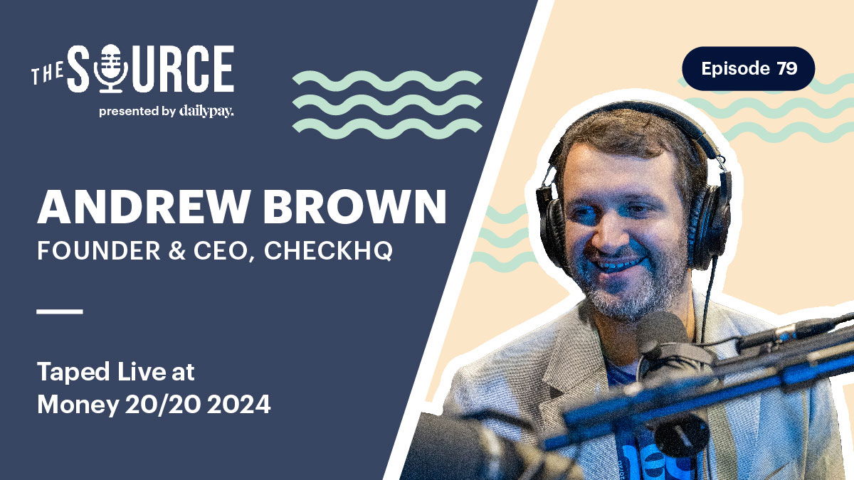 Man wearing headphones and speaking into a microphone on a podcast episode titled "The Source," Episode 79, presented by DailyPay.