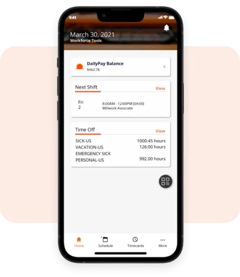 Smartphone screen displaying a workforce management app with balance, next shift schedule, and time off details. Date shown is March 30, 2021.