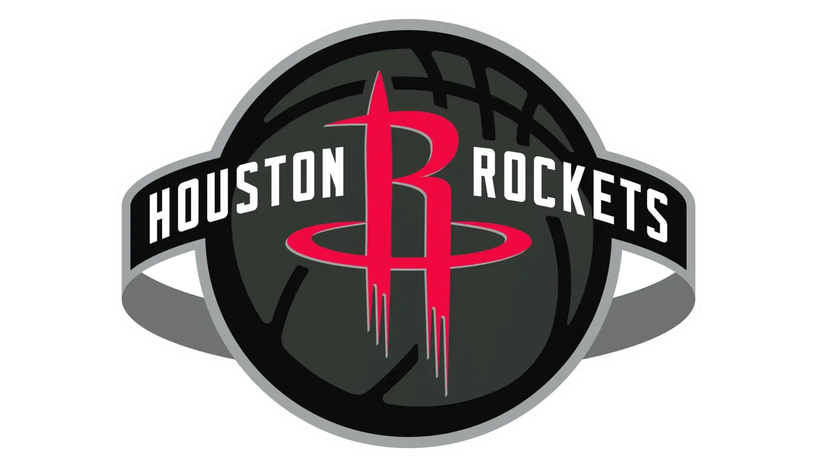 Houston Rockets logo featuring a red "R" designed to resemble a rocket, with a stylized basketball and a silver ribbon displaying the team's name against a black background.
