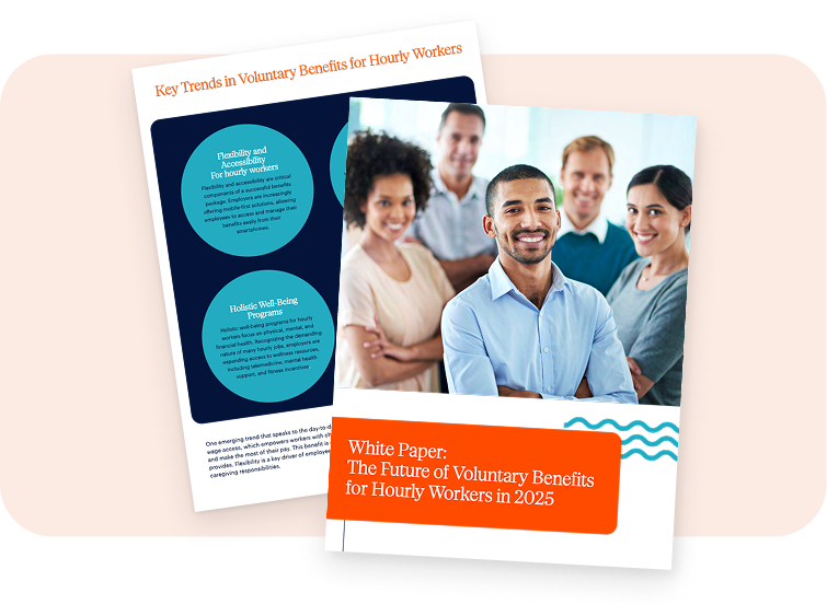 Two documents about voluntary benefits for hourly workers; one shows a group of smiling professionals, the other highlights key trends and benefit categories.