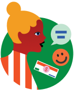 Illustration of a person with orange hair speaking, with a speech bubble showing an equals sign, a smiling face, and a money bill.