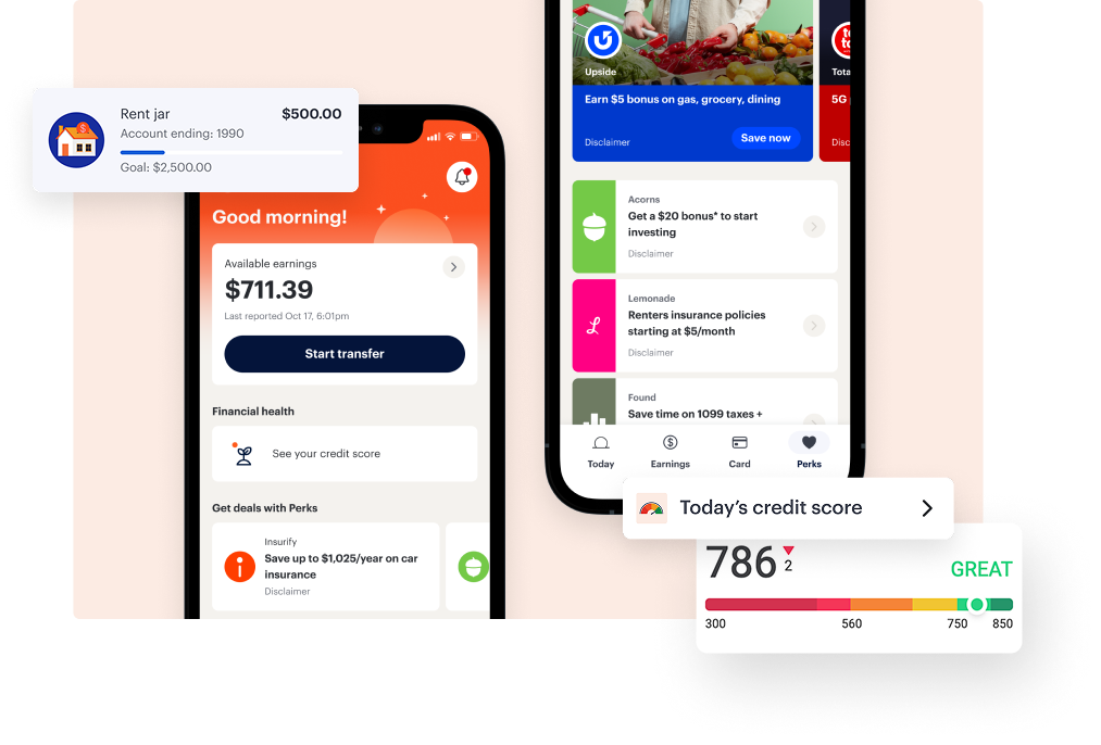 Three smartphone screens display a personal finance app with account balance, credit score, savings goal, and various financial offers and rewards information.