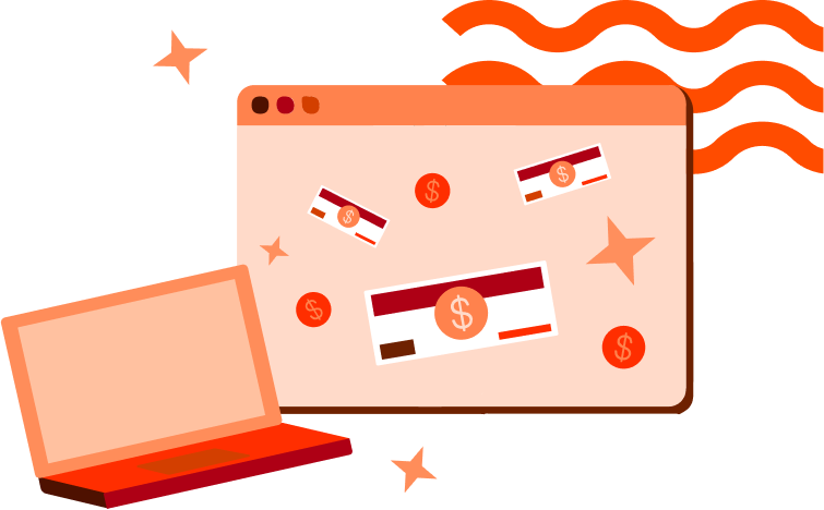 Illustration of a laptop and a web browser window displaying money-themed graphics, including credit cards and dollar signs, in orange and red tones.