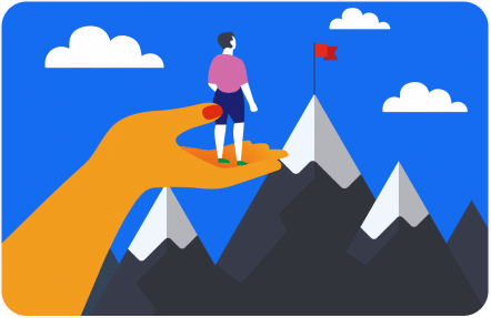 Illustration of a person standing on an outstretched hand, which is elevated above dark-colored mountain peaks. The person is looking towards a distant red flag atop another mountain. The sky is bright blue with scattered white clouds, suggesting a sense of achievement and aspiration.