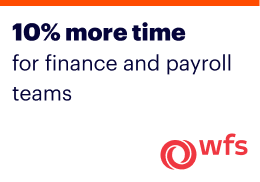 Text graphic stating "10% more time for finance and payroll teams" with the "wfs" logo and a red swirl symbol in the lower right corner.