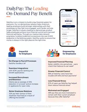 Informational flyer detailing DailyPay's On-Demand Pay benefit. Includes key points on benefits for employers and employees, such as improved financial planning and reduced financial stress.