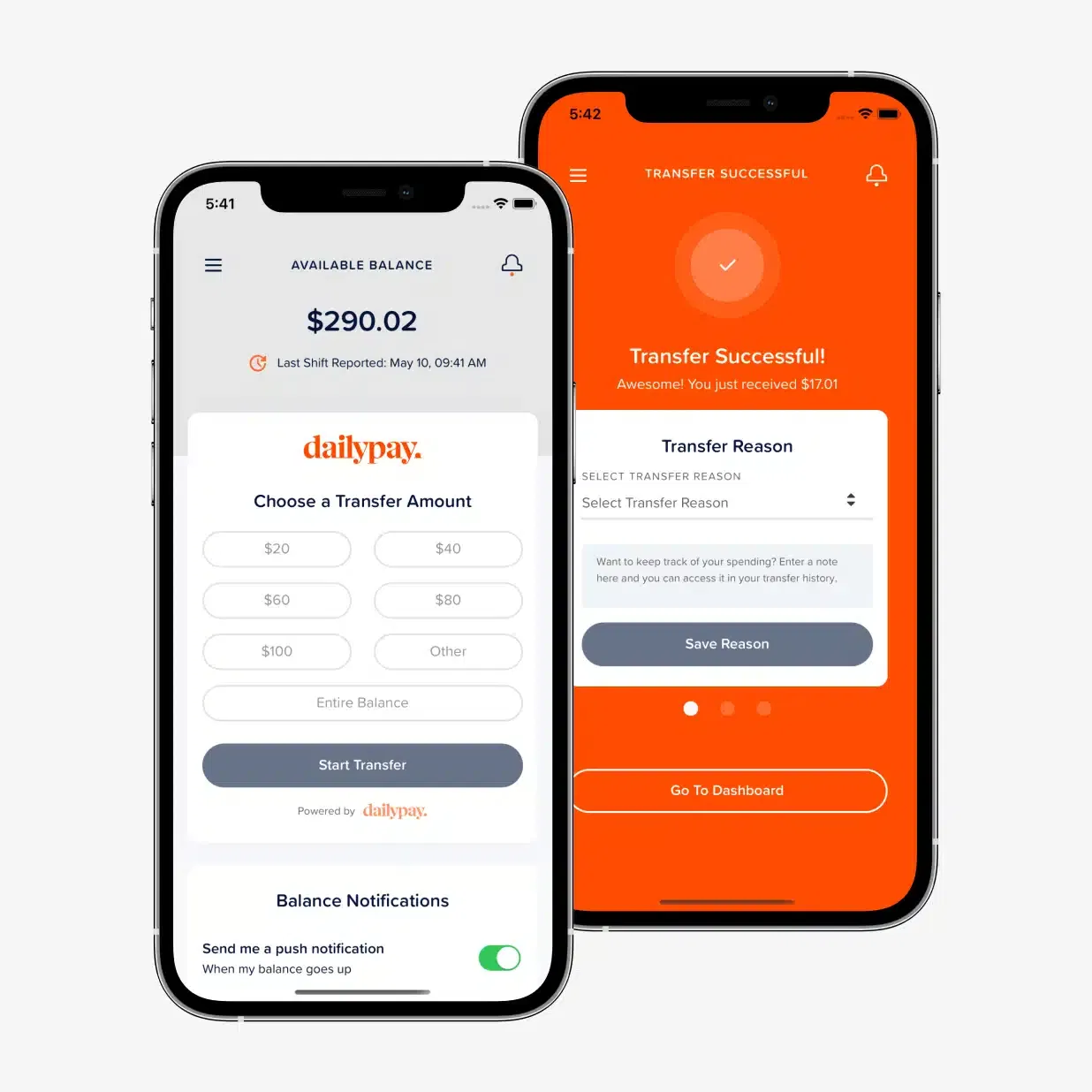 Two smartphones display screens of a financial app. The left screen shows available balance and transfer options. The right screen confirms a successful transfer of $70.01 with a motivational message.