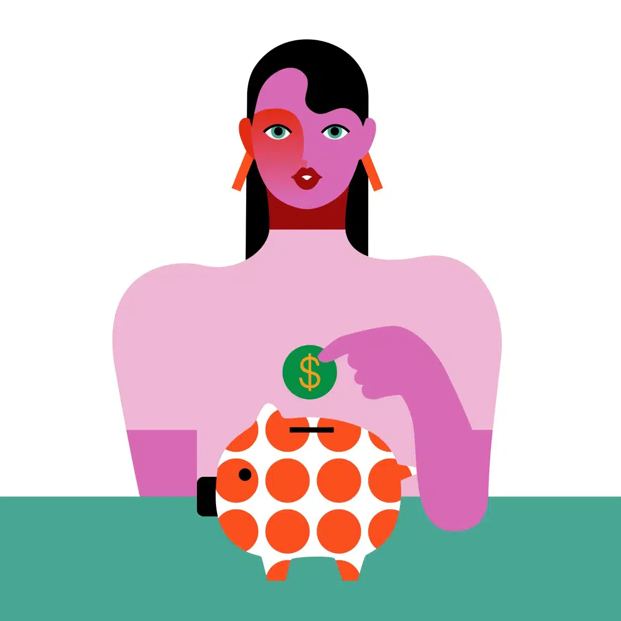 Illustration of a person with bright colors and geometric shapes placing a dollar coin into a spotted piggy bank.