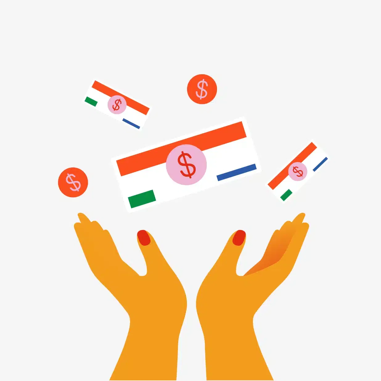 Illustration of hands reaching towards floating currency and coins marked with dollar symbols.