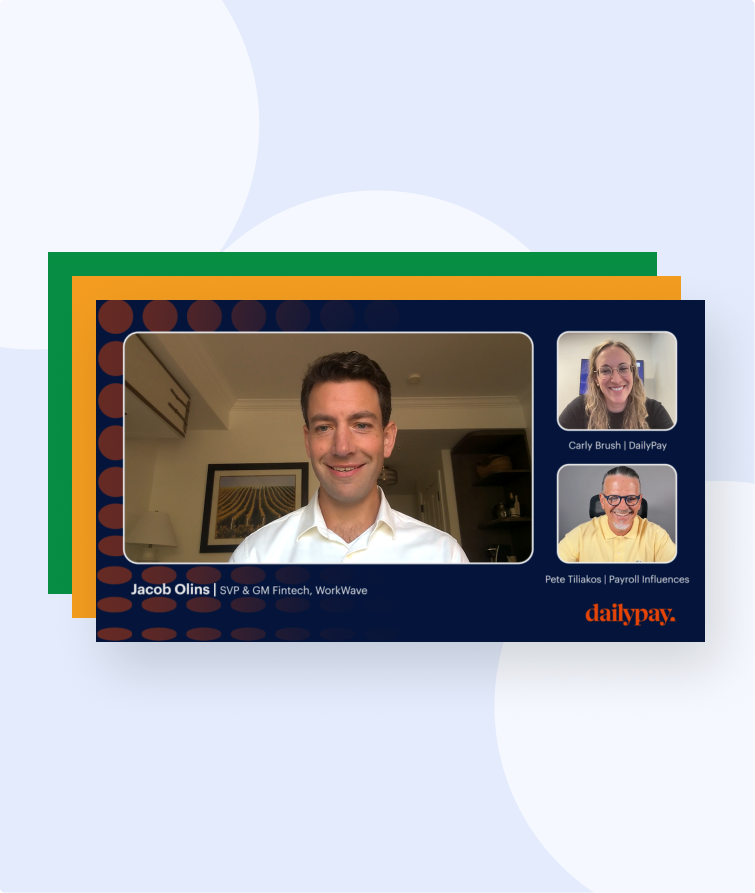 Three people are shown on a video conference call. The main speaker, Jacob Olins, is highlighted, with Carly Brush and Pete Tzialkos visible in smaller frames. DailyPay branding is present.