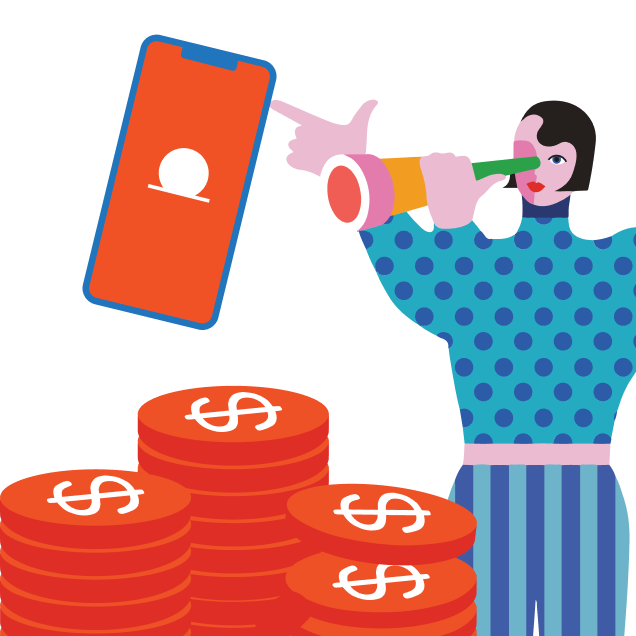 Illustration of a person looking through a telescope at a large smartphone, with stacks of coins featuring dollar signs in the foreground.